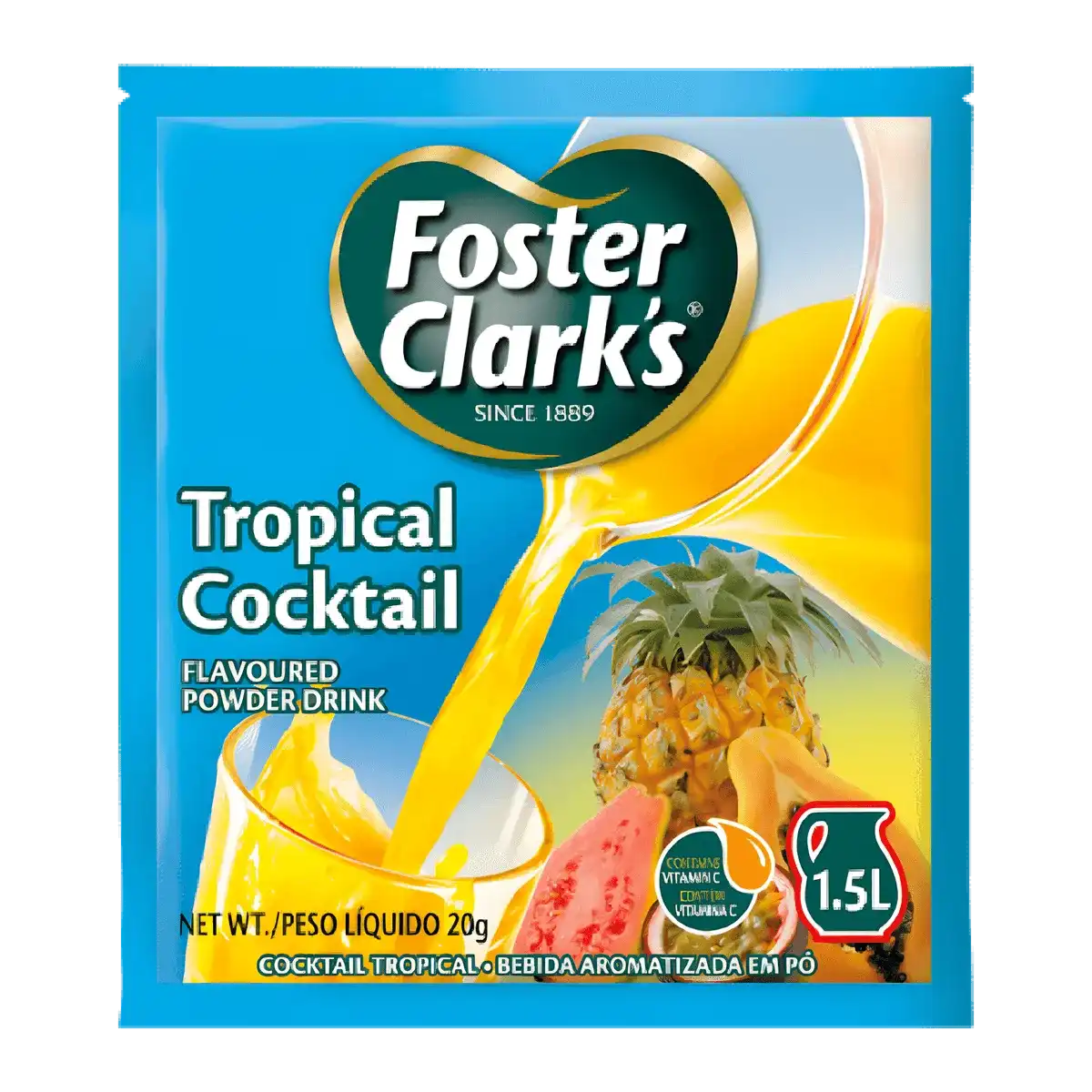 FOSTER CLARKS Jus Poudre Tropical - Saveur Fruité, sachet de 20g illustré avec des fruits exotiques comme l’ananas, la goyave et la pastèque.
